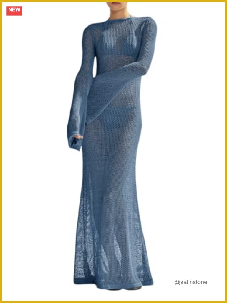 Women's Crochet Maxi Cover Up Long Sleeve Backless Knit Beach Dress